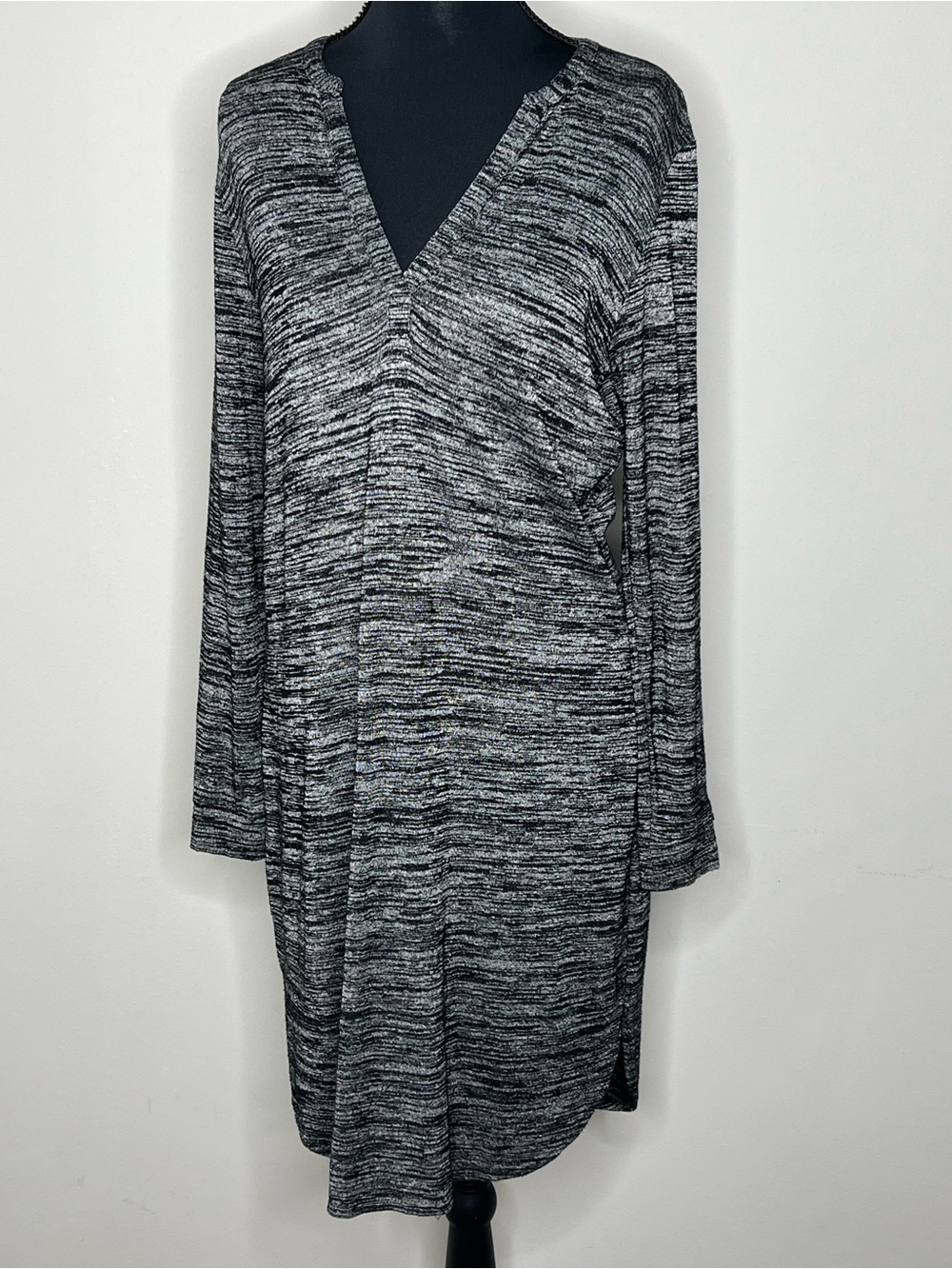 LOFT Black & Gray Marled V-Neck Sweater Dress Small Cozy Soft